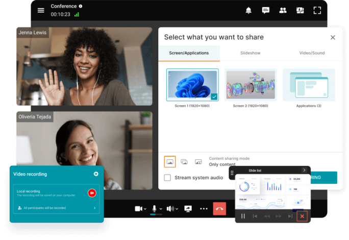 Video call interface showing two participants, screen sharing options, and recording in progress.
