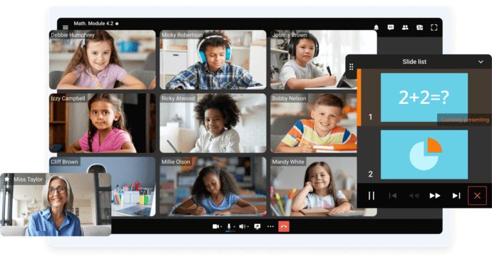 Virtual classroom with a teacher and nine young students on a video call, showing a math slide