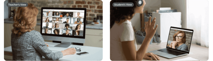 Split view of a virtual class from teacher’s and student’s perspectives during an online lesson.