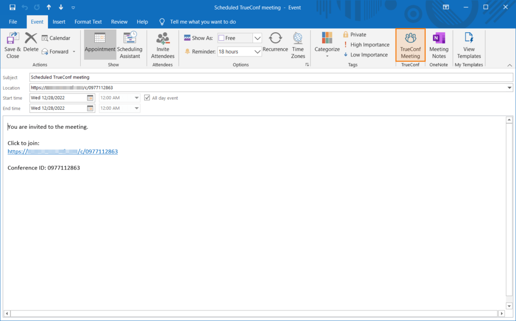 How to create a TrueConf meeting for an Outlook event 31