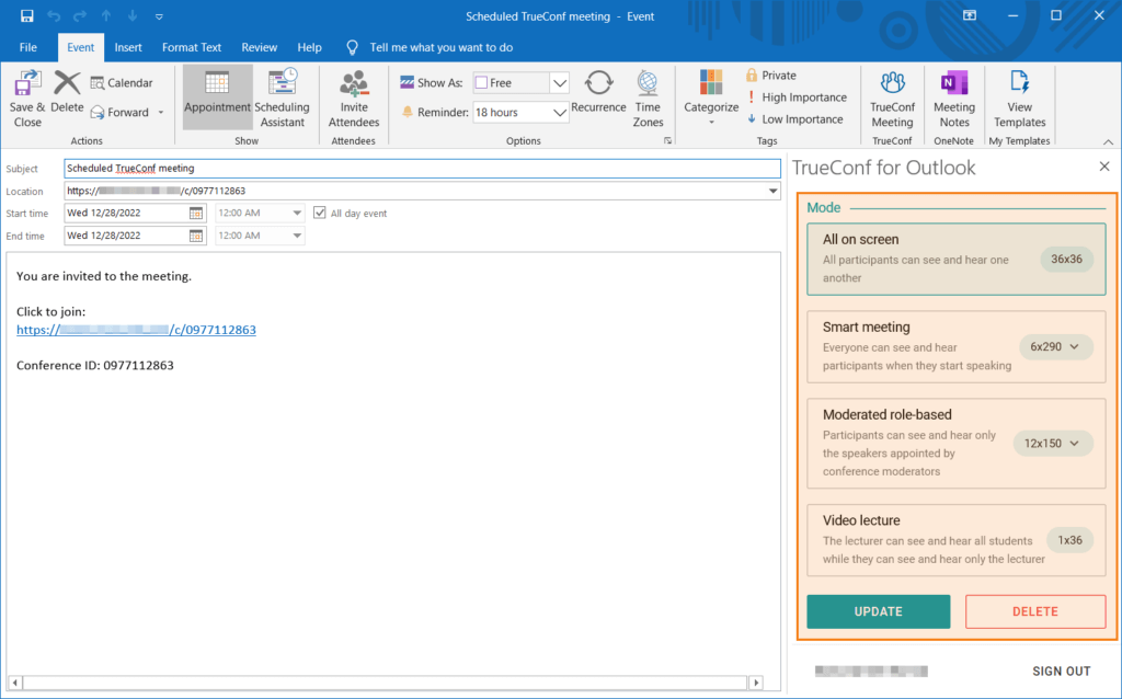 How to create a TrueConf meeting for an Outlook event 32