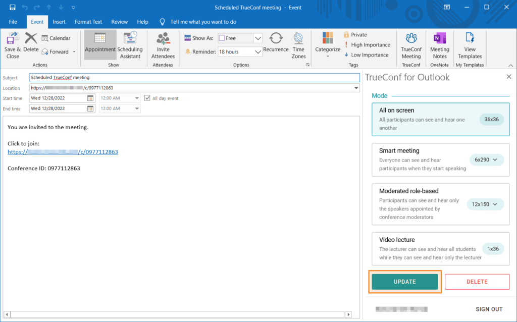 How to create a TrueConf meeting for an Outlook event 33