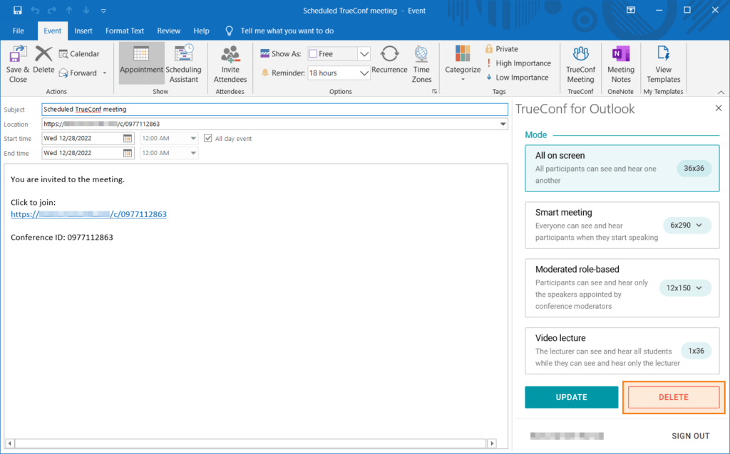 How to create a TrueConf meeting for an Outlook event 35