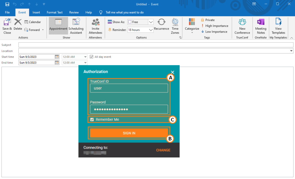 How to create a TrueConf meeting for an Outlook event 5