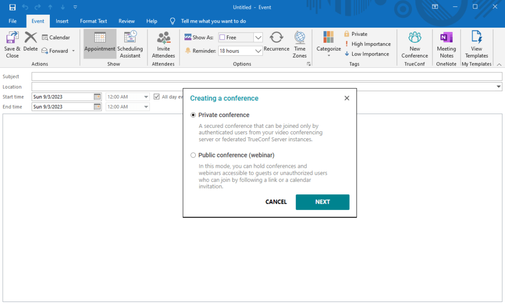 How to create a TrueConf meeting for an Outlook event 6