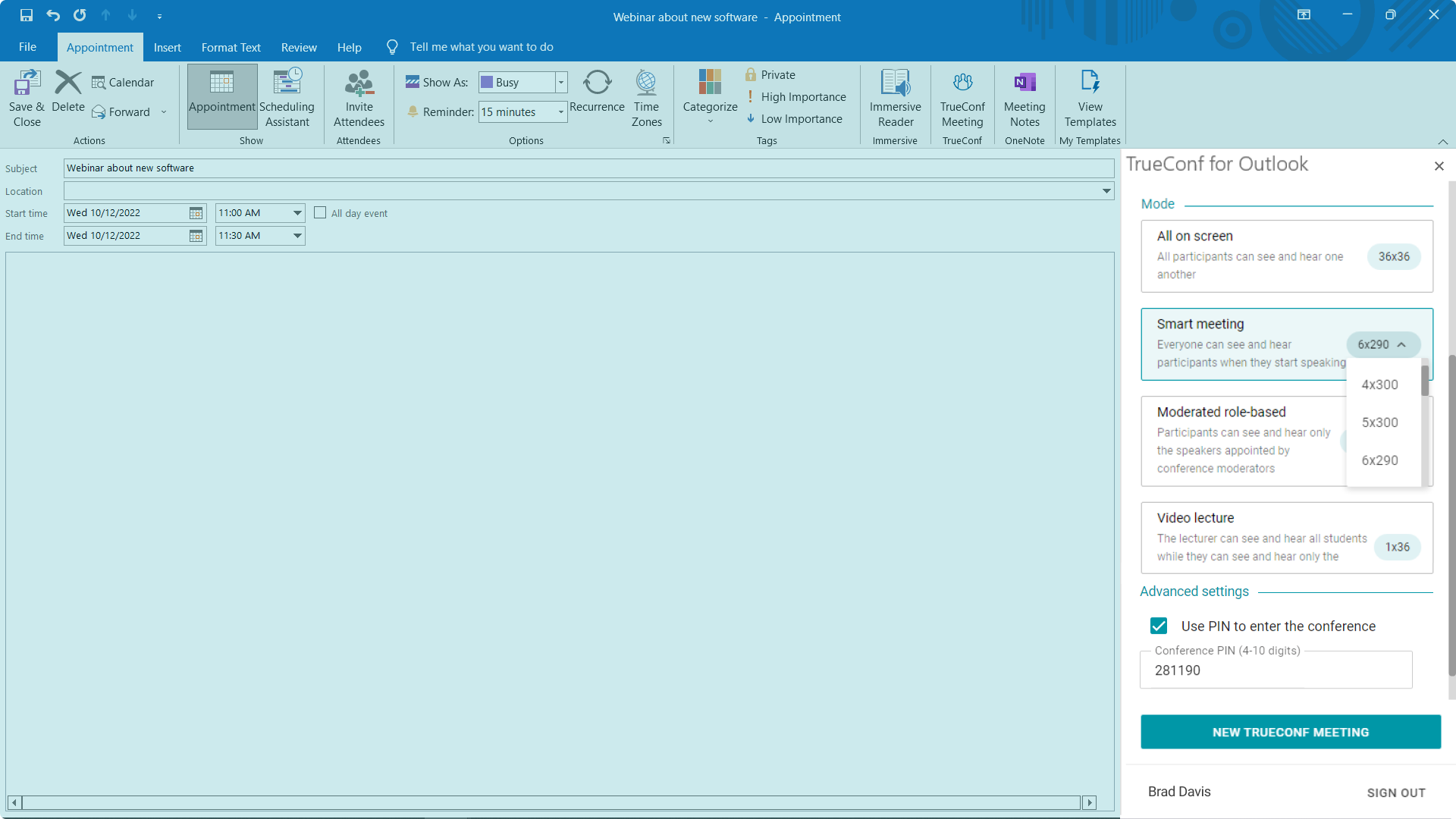 Smart meeting mode in TrueConf for Microsoft Outlook add‑in 2