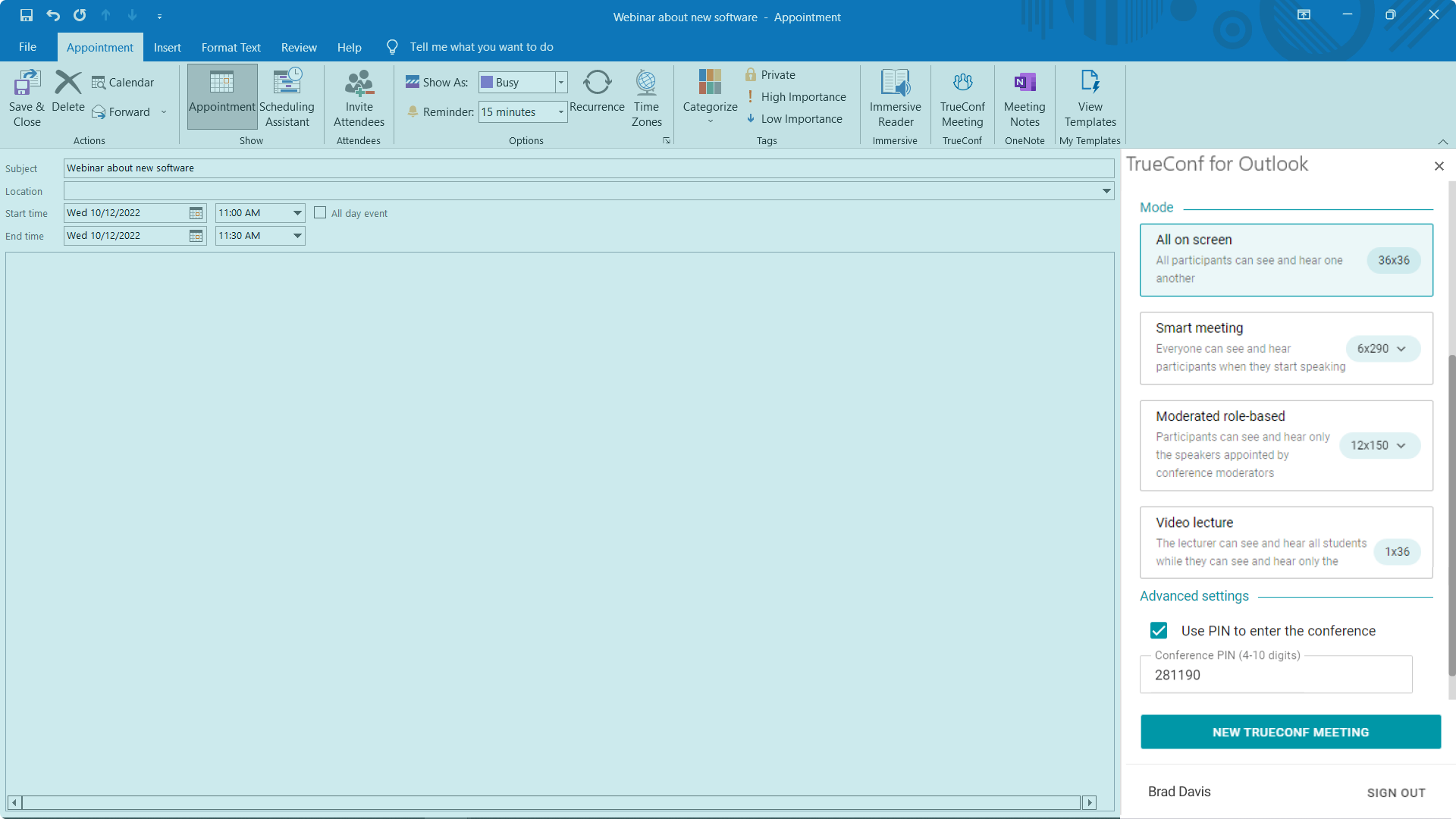 Smart meeting mode in TrueConf for Microsoft Outlook add‑in 3