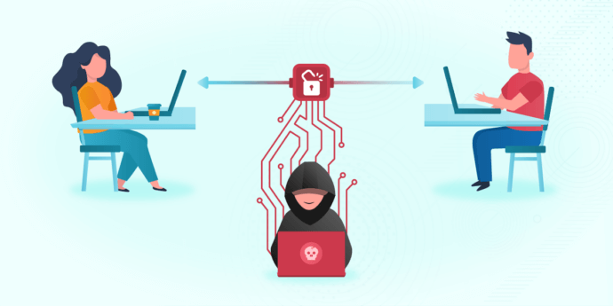 Illustration showing a hacker intercepting data between two people communicating online, symbolizing a man-in-the-middle attack.