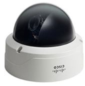 Ceiling-mounted dome security camera with tinted cover.