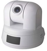 White pan-tilt security camera with visible lens.
