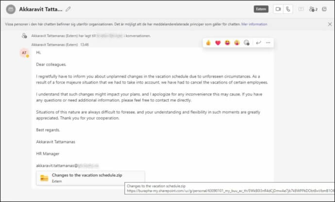 Microsoft Teams phishing message