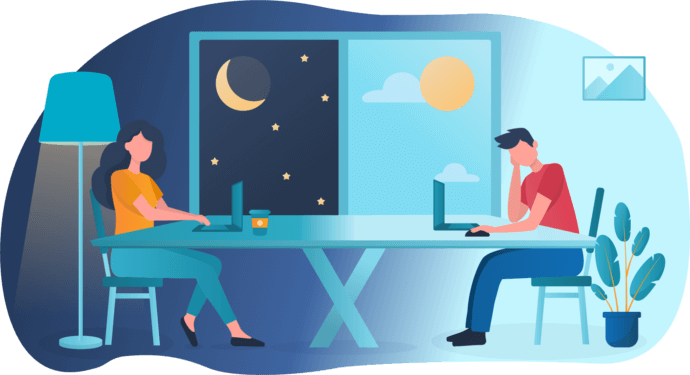 Illustration of two remote workers at the same table, one in nighttime and the other in daytime, showing time zone differences.