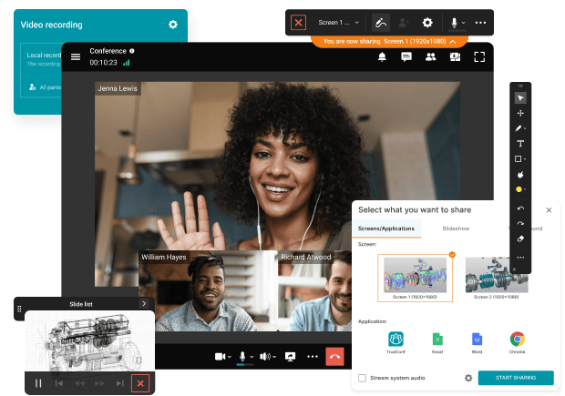 Video call with screen sharing, slide preview, and recording active during a remote presentation