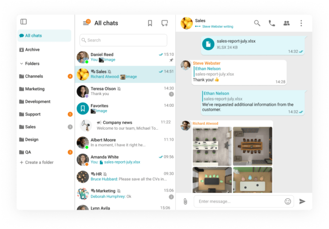 Team chat interface showing file sharing and a message about requesting customer info