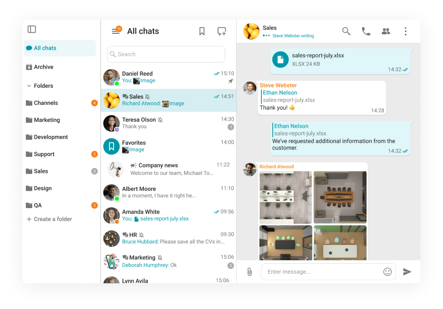 Team chat interface showing file sharing and a message about requesting customer info