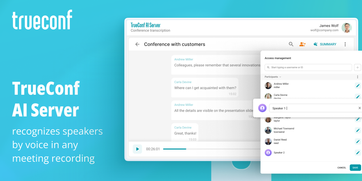 TrueConf AI Server recognizes speakers by voice in any meeting recording 1 TrueConf AI Server