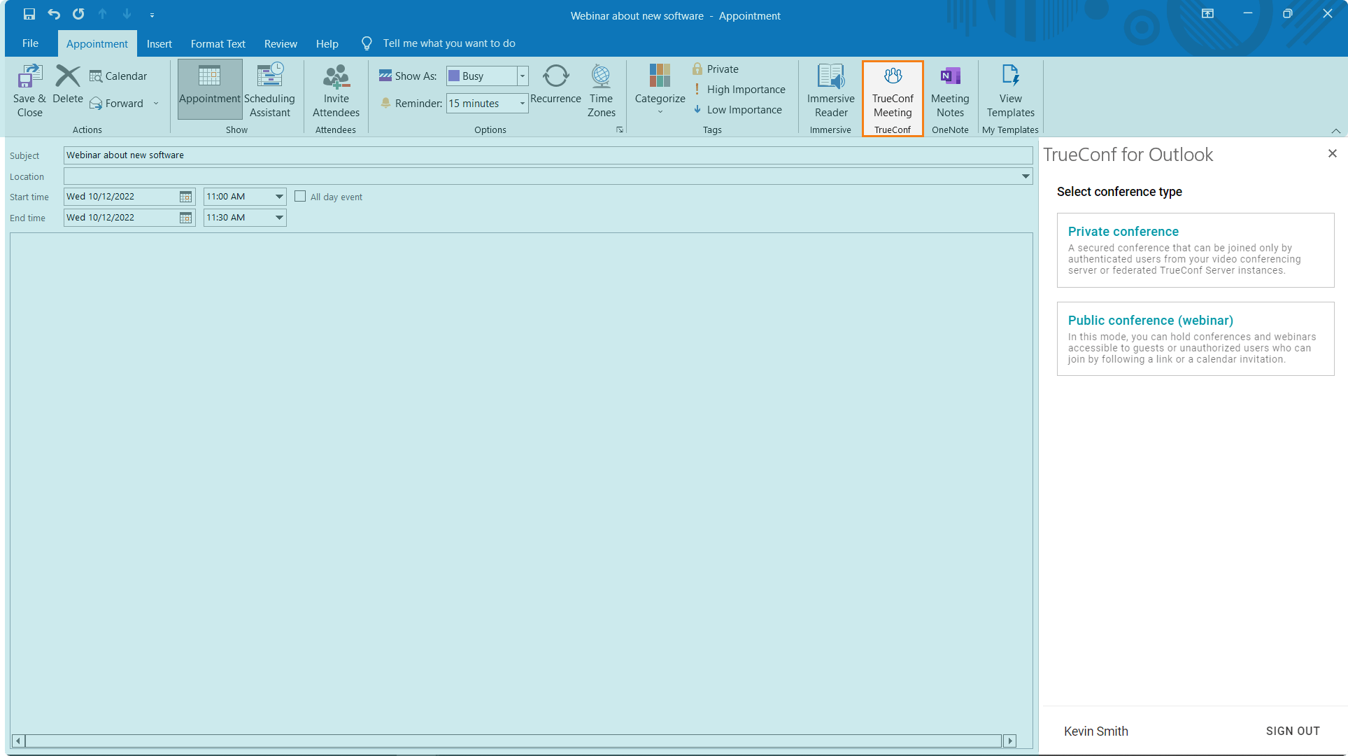 Integración de TrueConf y Microsoft Outlook 4