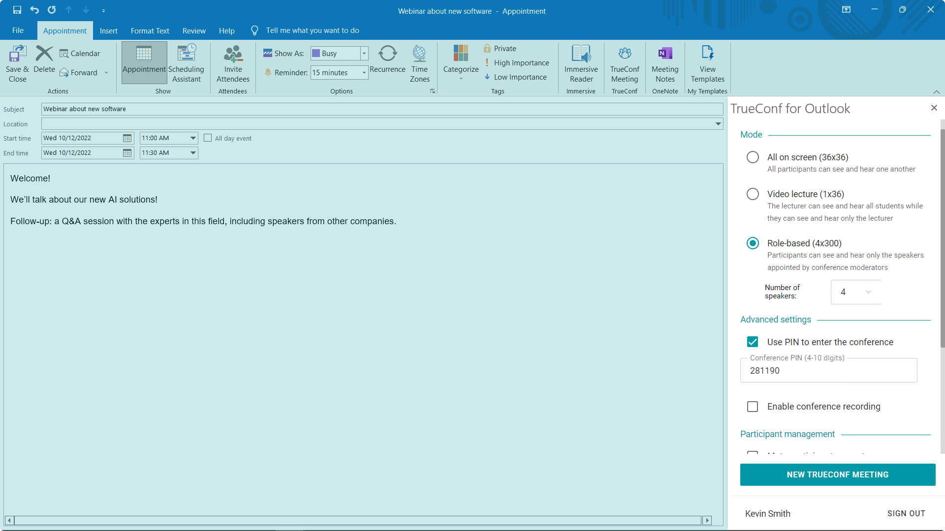 Integración de TrueConf y Microsoft Outlook 5