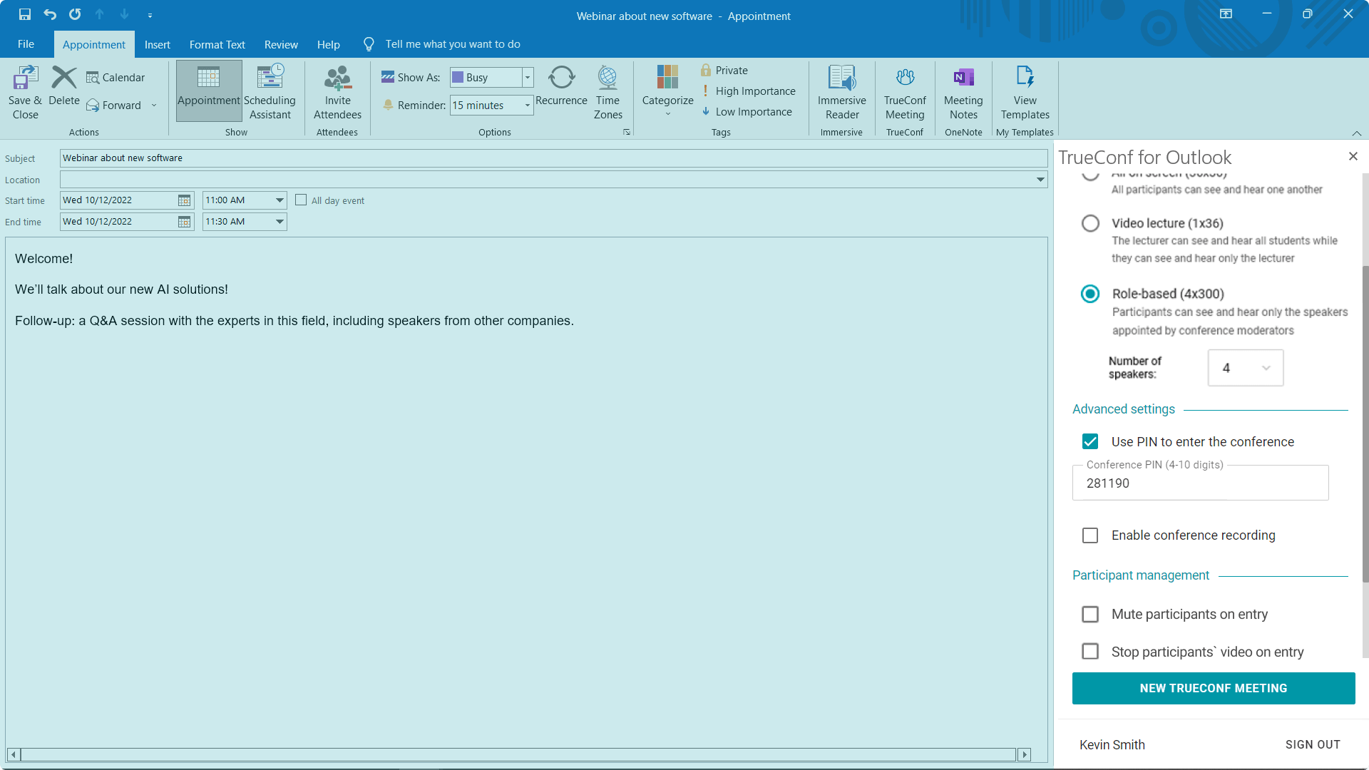Integración de TrueConf y Microsoft Outlook 6