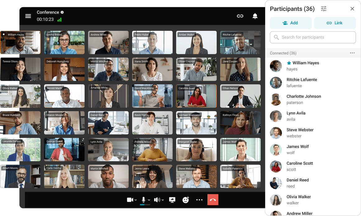 Group video conference with up to 49 participants on the screen
