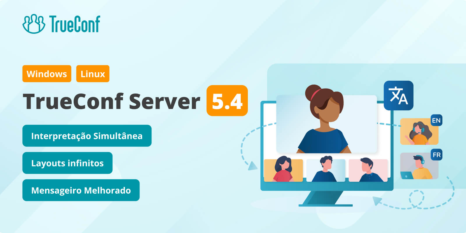 Atualização principal do TrueConf Server 5.4: interpretação simultânea, layouts de vídeo infinitos e novos recursos do mensageiro 2